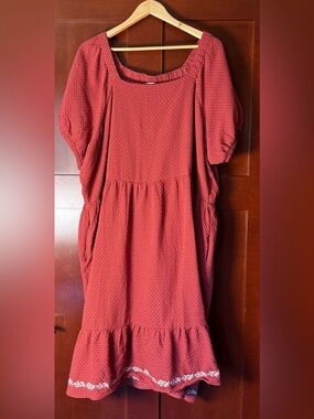Beryl Burnt Orange Swiss Dot Babydoll Dress With Embroidery Size 3X